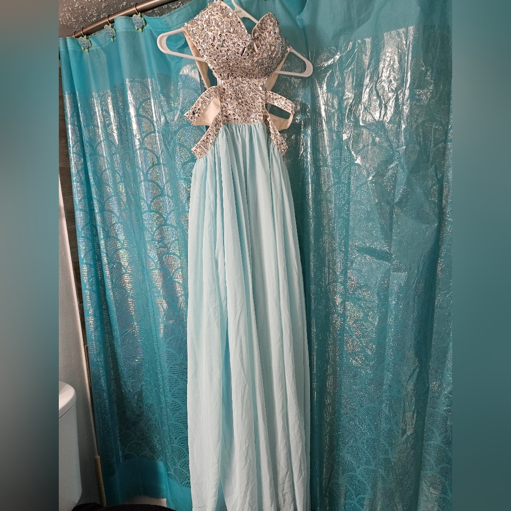 strapless prom dress, rhinestones, cut outs